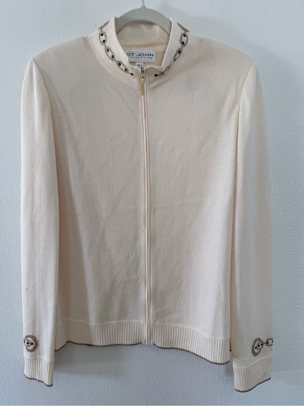 St. John Santana Knit Zip Jacket Cream Gold Chain Bead Trim Size M